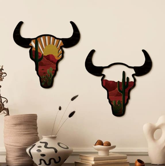 Cross-border Rustic Decor Vintage Western Bull Head Wall Hanging for Living Room, American Country Style Wooden Sign