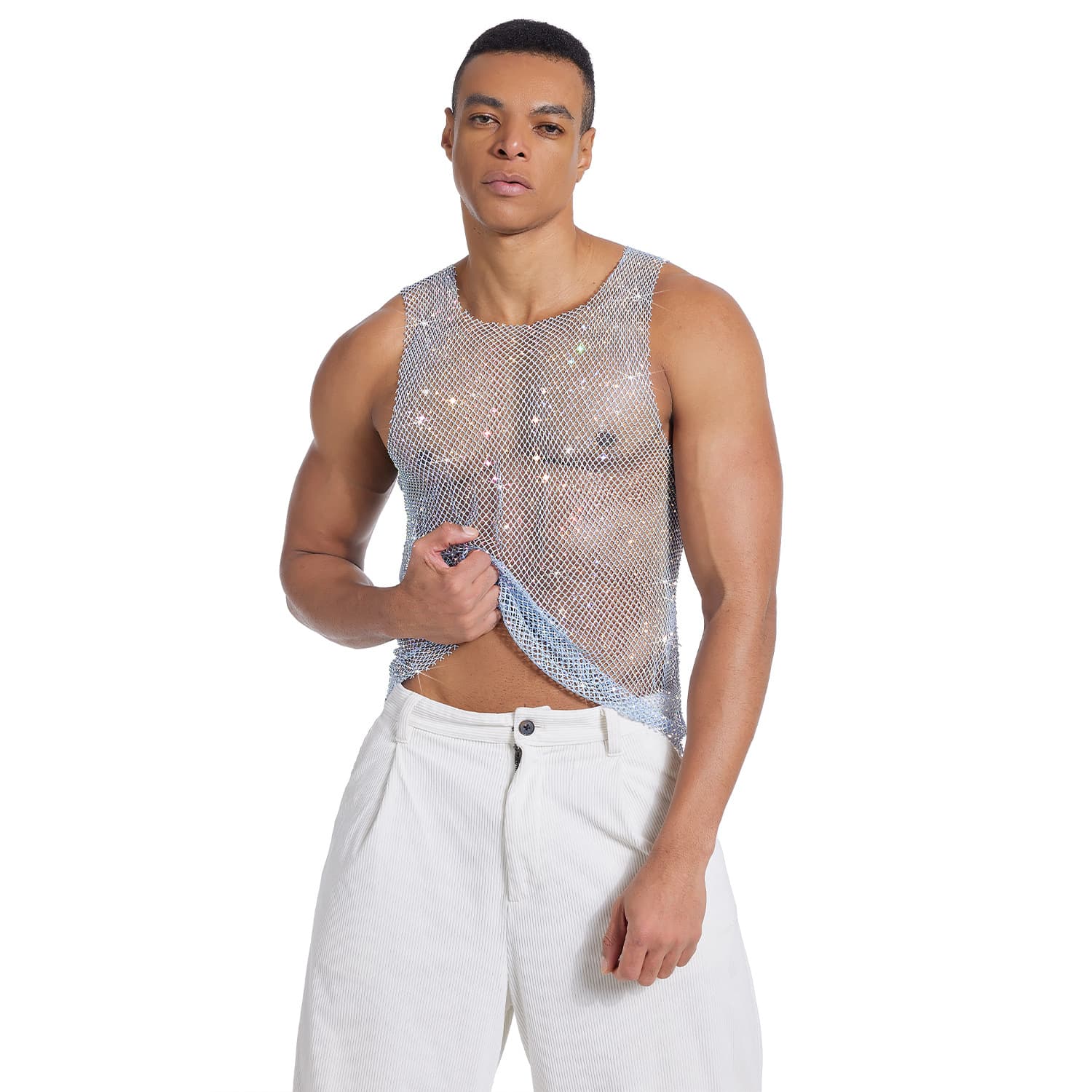 Amazon European and American Fashion Men's Mesh Rhinestone Sexy Fishnet See-Through Vest, Party Nightclub Glitter Top CC