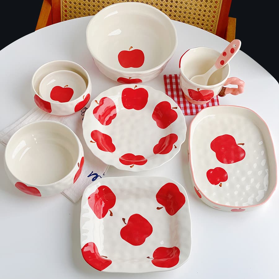 High-Quality Red Apple Ceramic Rice Bowl, Noodle Bowl, Plate, Large Soup Bowl, Water Cup, Cute Dining Dessert Bowl