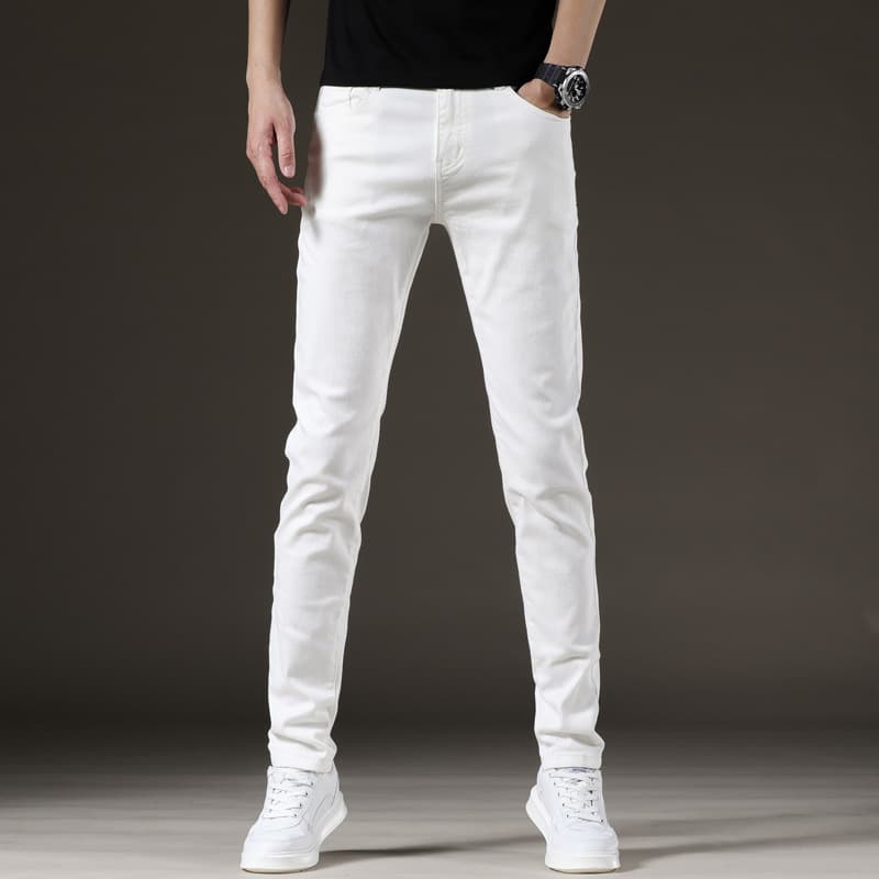 Summer Thin White Pants Men's Trendy Slim Fit Small Foot Stretch Brand White Jeans Men's Ripped Black