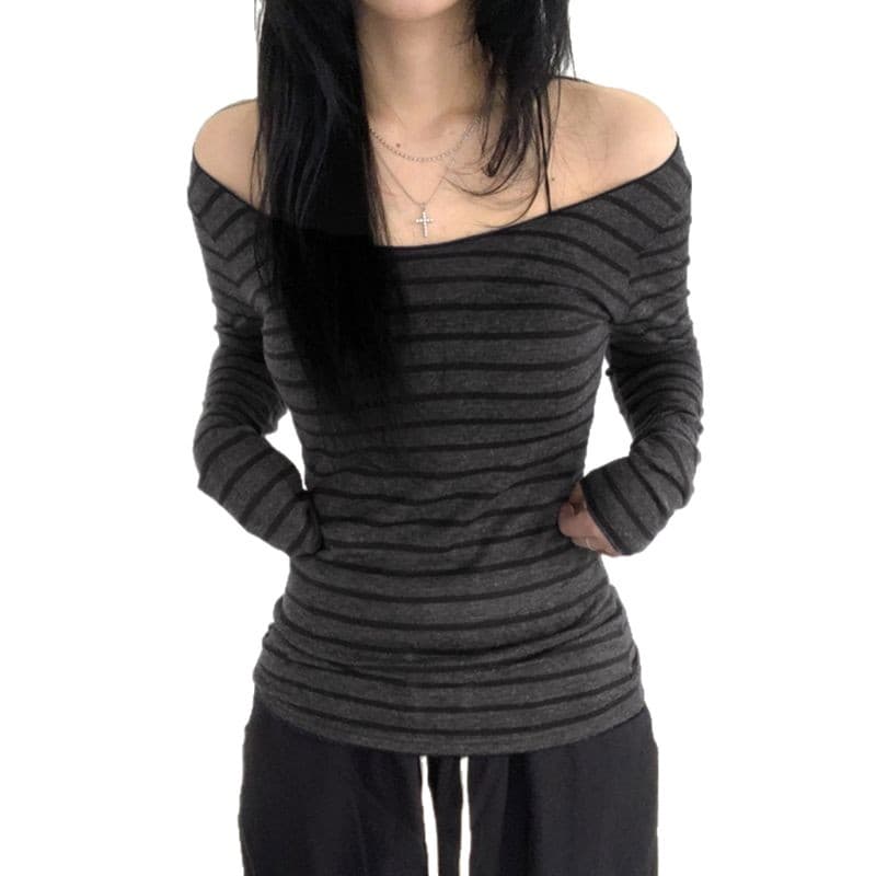 Cross-border spot Korean retro striped long-sleeved T-shirt for women in early autumn sexy sexy backless bottoming top for women chic