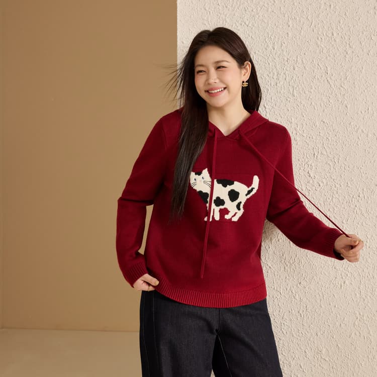 [Cute Pet Paradise] Cat Pattern Hooded Versatile Soft Waxy Sweater Slim and Beautiful Plus Size Women's Clothes for Fat mm Winter New Style