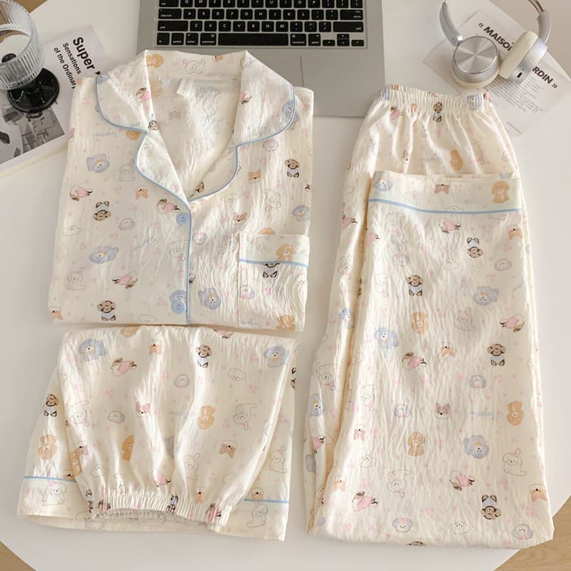 Japanese Trendy Dog Cloud Gauze Pajamas for Women Spring Summer Short Sleeve Cardigan Lapel Three-piece Homewear Set