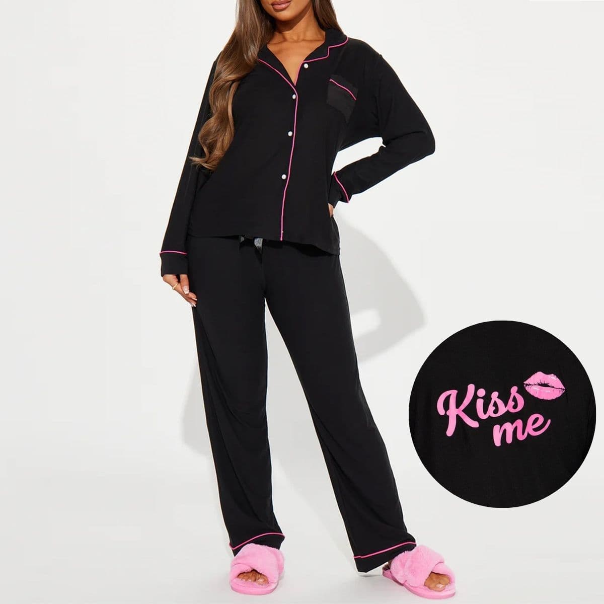 Women's Pajama Set for Fall/Winter, Printed Basic Style with Notched Collar, Long Sleeves, and Long Pants, Cross-Border European and American Style