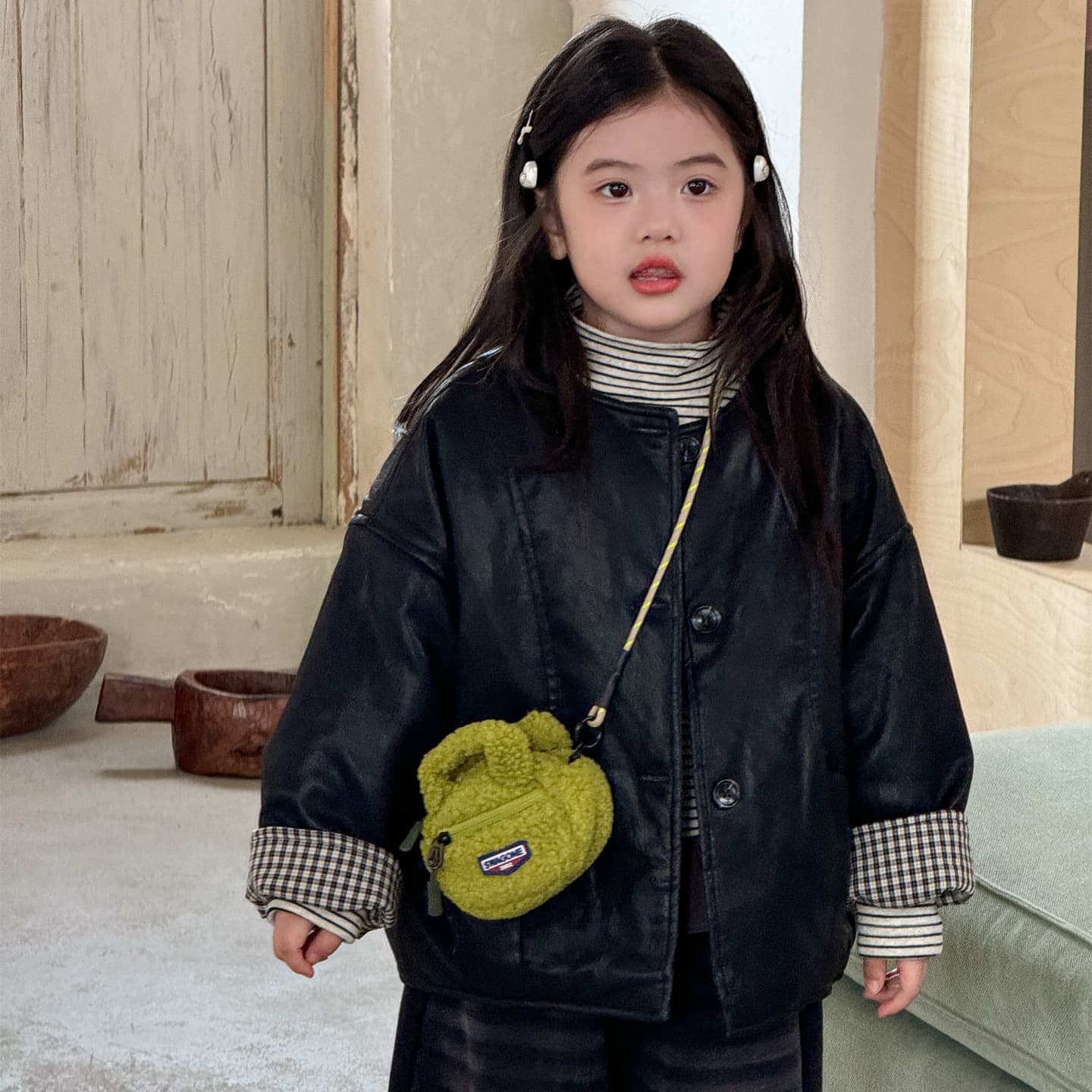 Laibaobao 2025 Autumn/Winter New Girls' Thick Leather Jacket with Patchwork PU Leather, Warm Jacket