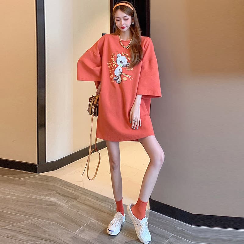 Mid-Length Bear Cartoon Short-Sleeved T-Shirt for Women 2025 Summer Loose Fit Versatile Top Zx8468