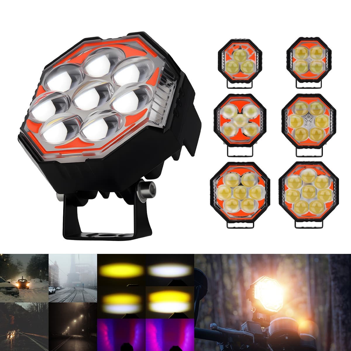 New Motorcycle LED Spotlight Octagonal Spotlight 8-Lens Yellow White Red Blue Flash Modified Light Electric Vehicle Spotlight