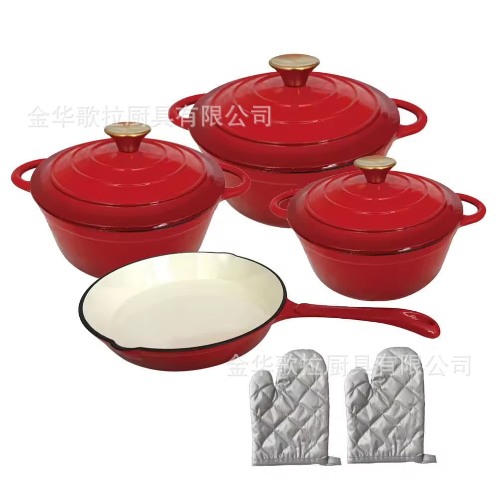 9-Piece Enameled Cast Iron Cookware Set Nonstick Ceramic Coated Frypan Stew Pot Dutch Oven with Heat-Resistant Gloves