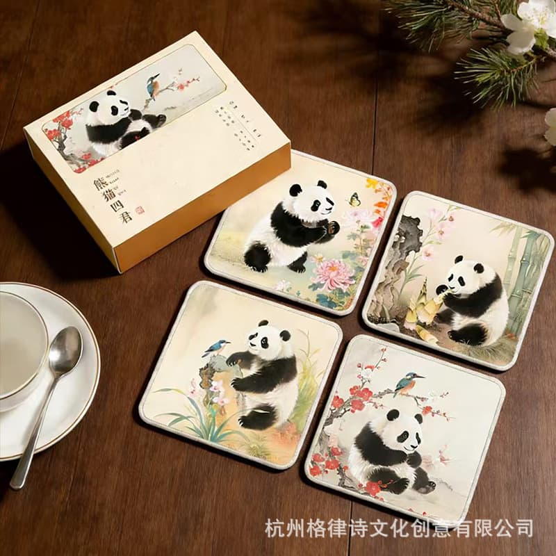Panda Element Chinese Style Silk Coaster Corporate Business Cultural Creative Gift for Foreigners Beijing Specialty Souvenir