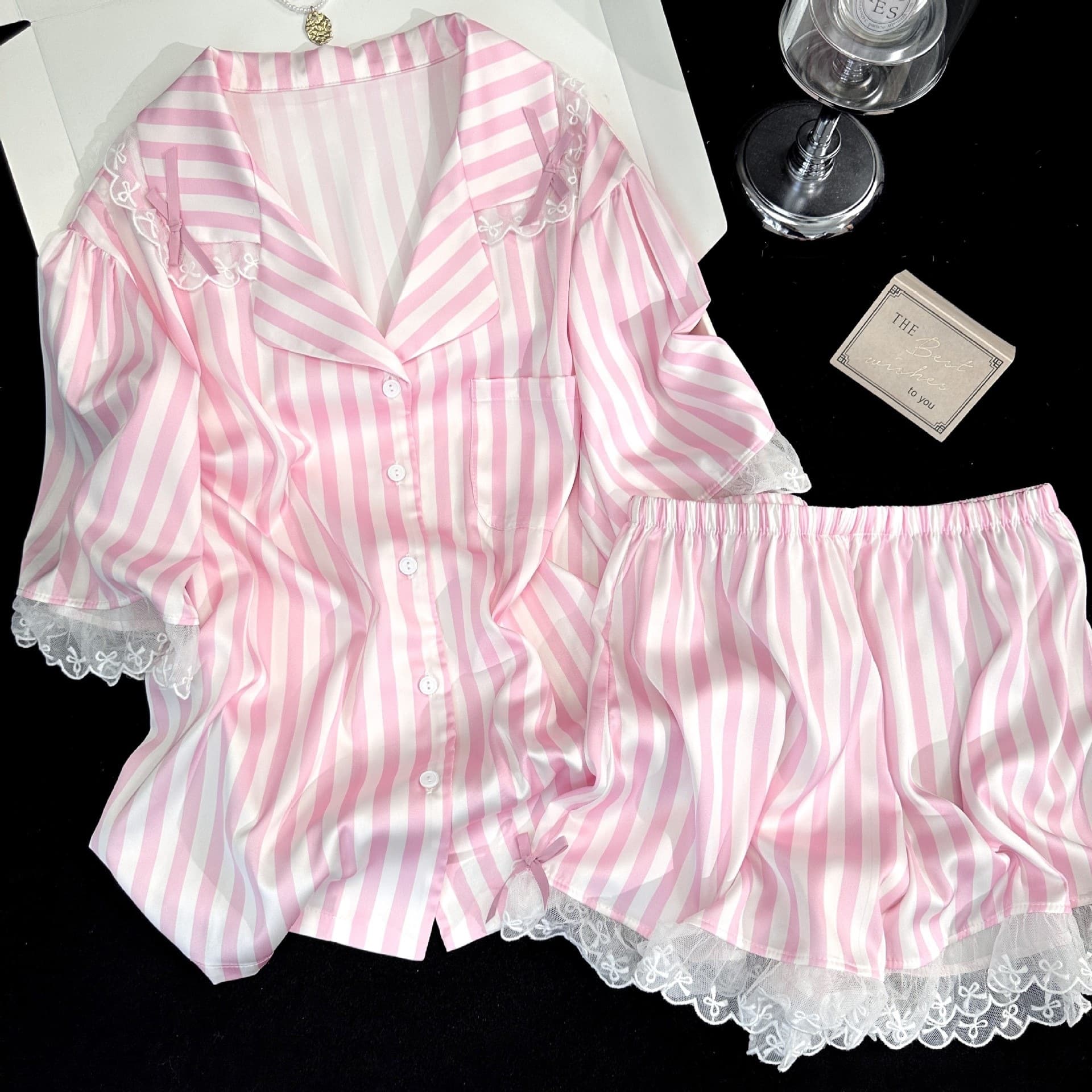 Summer short-sleeved shorts home clothes set girly style simple striped silk cool pajamas student ice silk pajamas