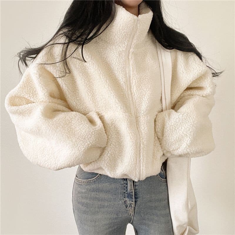 Korean Style Cropped Stand Collar Warm Faux Sheep Velvet Jacket For Women New Arrival Loose Fit Cardigan Top For Autumn/Winter