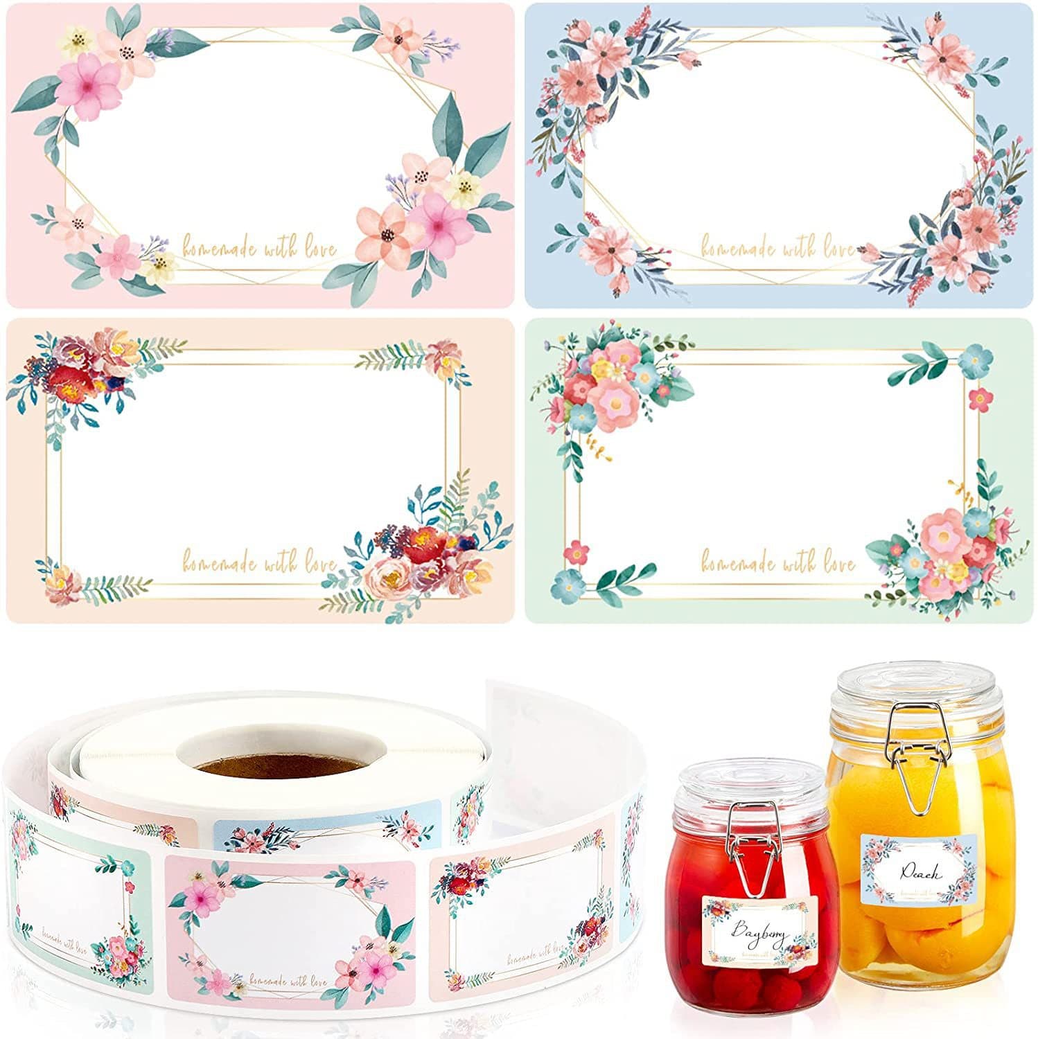 250 sheets/roll DIY floral pattern handwritten blank name tags, kitchen fridge reminder food storage marker stickers