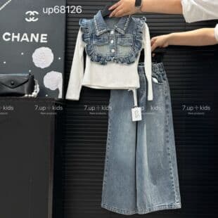 Girls Autumn 3-Piece Set European Style Knit Patch Denim Wide-Leg Pants Set for Big Kids Huzhou Zhili Children's Wear