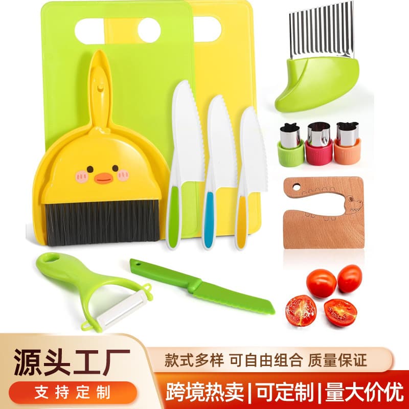 Children's 14-Piece Plastic Fruit Peeler Knife Set, Toddler Food Cake Knife, Safe Kitchen Toy for Cutting Without Hurting Hands