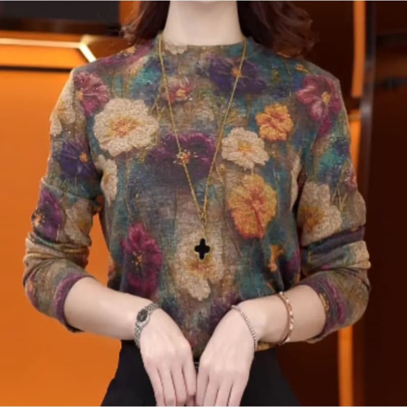 Korean-style patterned warm base layer top autumn/winter long-sleeve top elegant inner wear stylish blouse loose versatile.