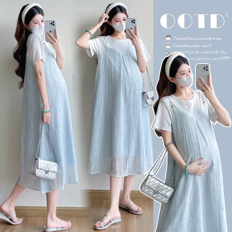 2025 Summer New Maternity Dress Korean Style Cotton T-Shirt with Chiffon Fake Two-Piece Design