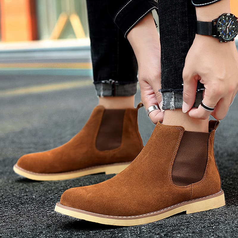 New Autumn/Winter Trendy Warm Casual Fashion Business Men's Chelsea Boots Mid-High Top Cotton Leather Shoes