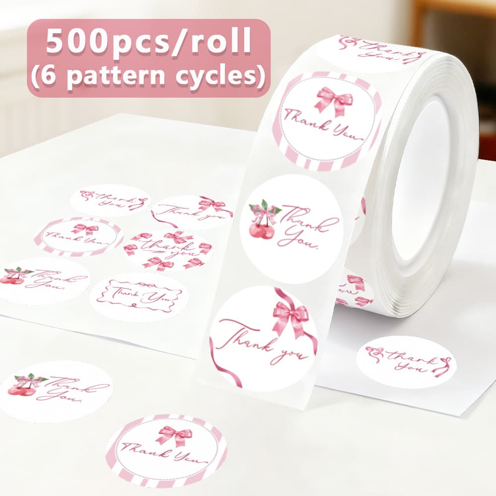500 Stickers/Roll Pink Bow Thank You Sealing Stickers Cute Gift Box Thank You Stickers Packaging Decorative Labels