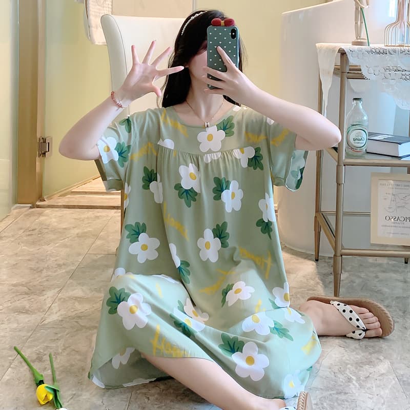 Spring/Autumn Women's Sleep Dress, Cute Cotton Short Sleeve Plus Size Rayon New Style Pajamas Summer Loungewear