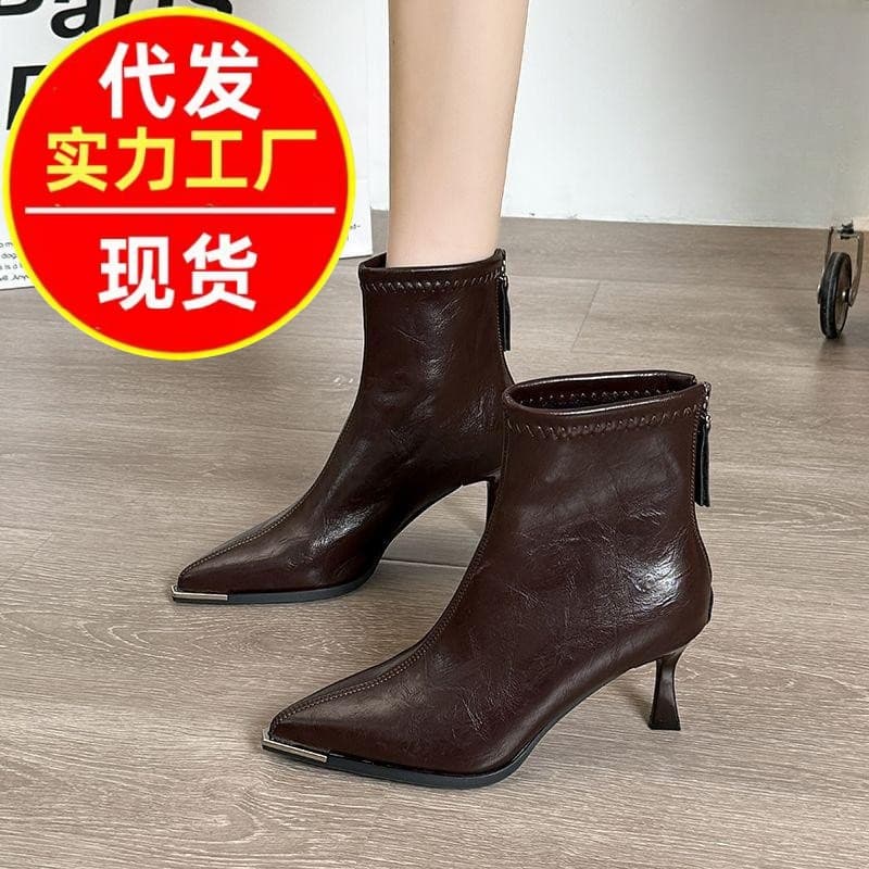 British Style Soft Leather Pointed Toe Slim Heel Boots 2026 Spring Summer New Black High Heel Fashion Shoes