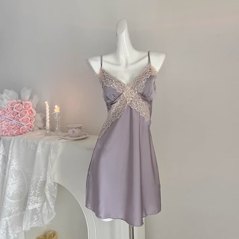 French Elegance Ice Silk Nightgown for Women Summer Lace with Padded Bra Sexy Sleepwear 2026 New Pure Desire Style Dress