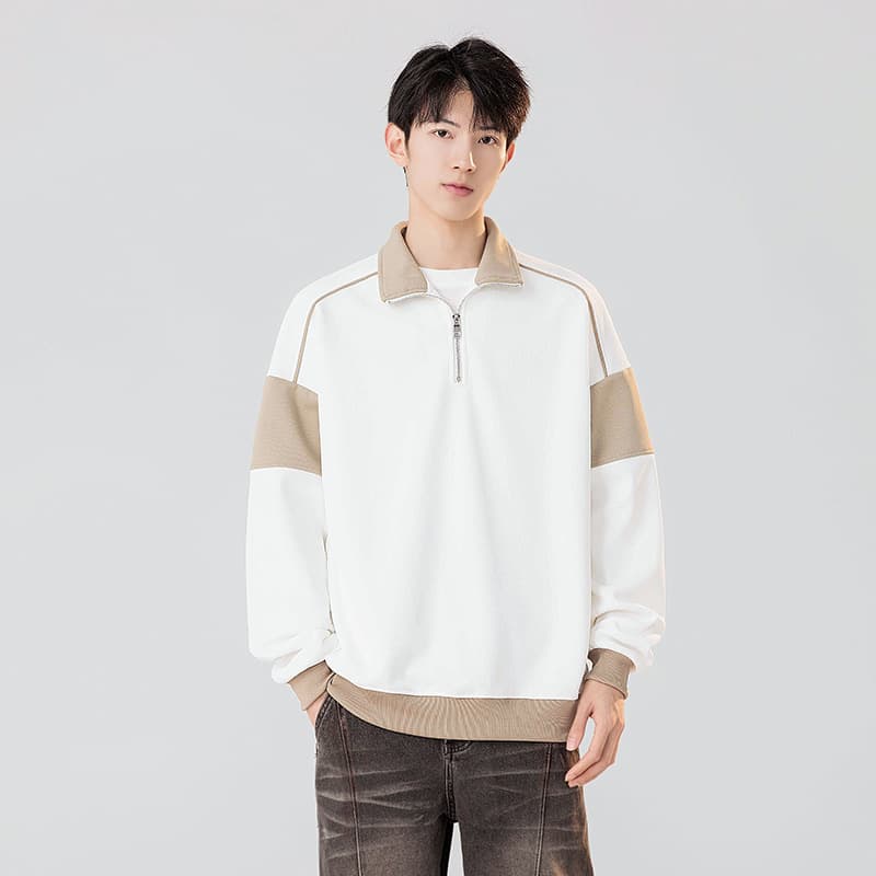 360G Heavyweight Vintage American Casual Color-Block Pullover Hoodie Jacket Loose Half-Zip Collared Long-Sleeve Men's T-Shirt