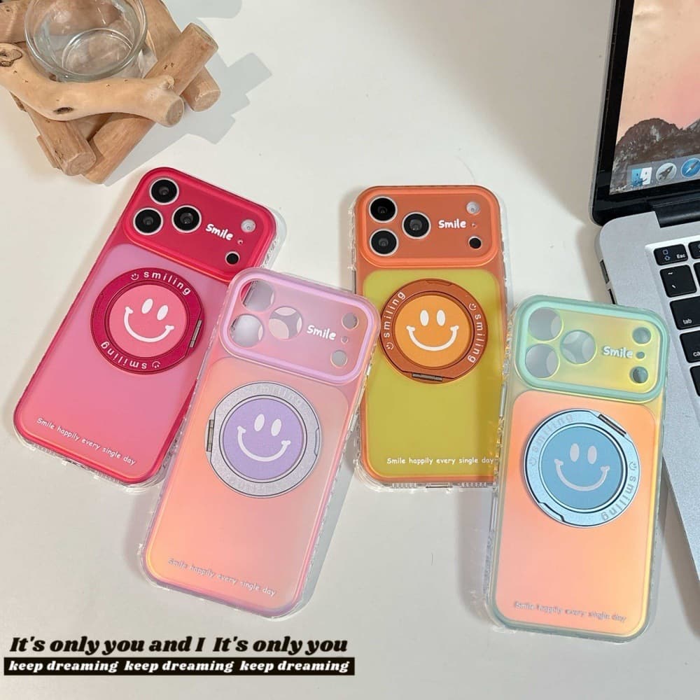 Laser Solid Color Smiley Face Phone Case Compatible with iPhone 17 Pro Max Niche Stand Case for iPhone 16/15P Cartoon