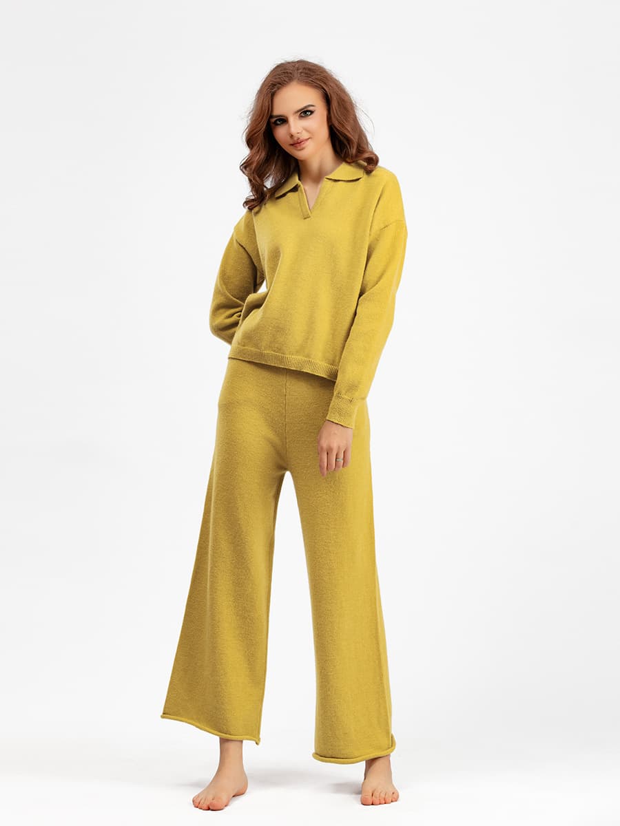 European and American style autumn/winter new knitted two-piece set for women, loose polo collar sweater and wide-leg pants, elegant Angora style.