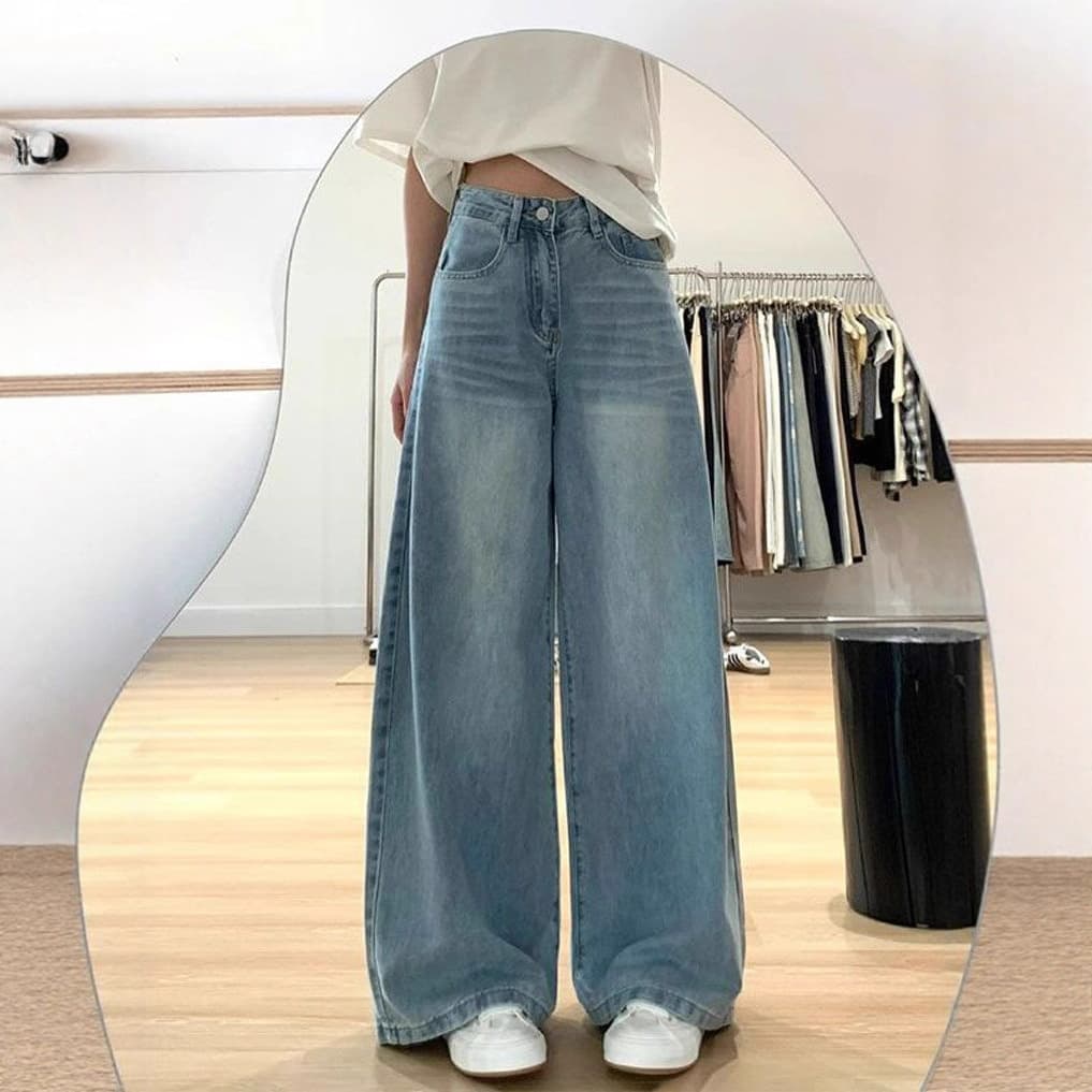 Stylish Blue High-Waist Wide-Leg Casual Pants for Women 2025 Summer Retro Korean Loose-Fit Versatile Floor-Length Jeans
