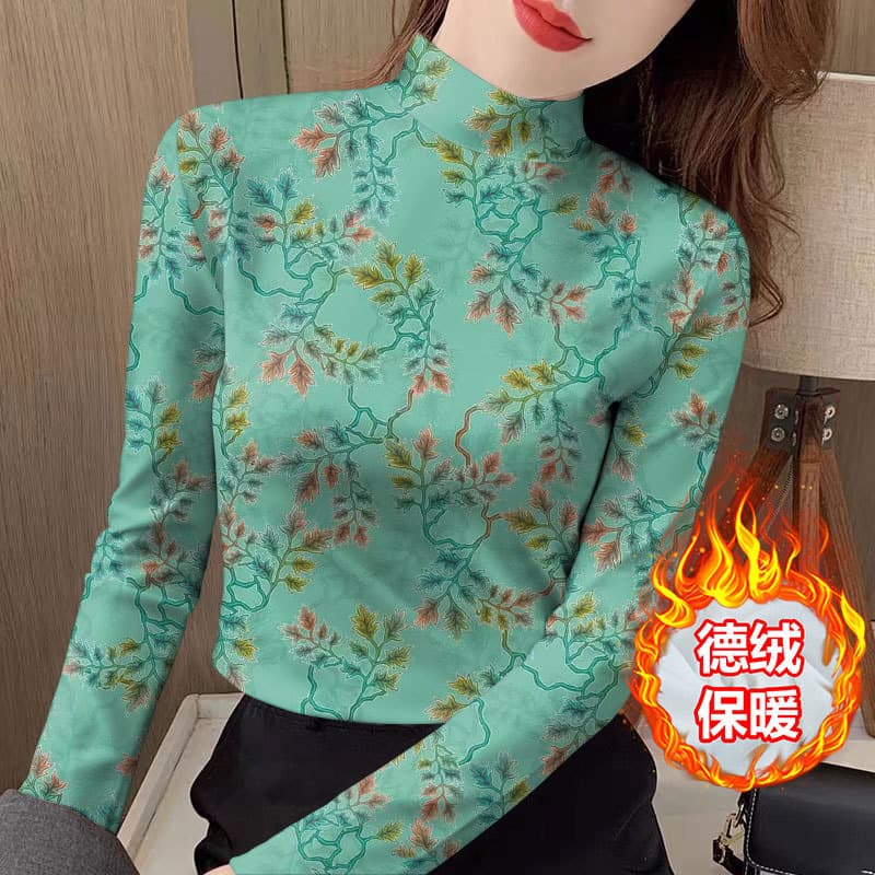 New autumn and winter half turtleneck German velvet warm bottoming shirt for women, fashionable and slim floral long-sleeved top printed T-shirt