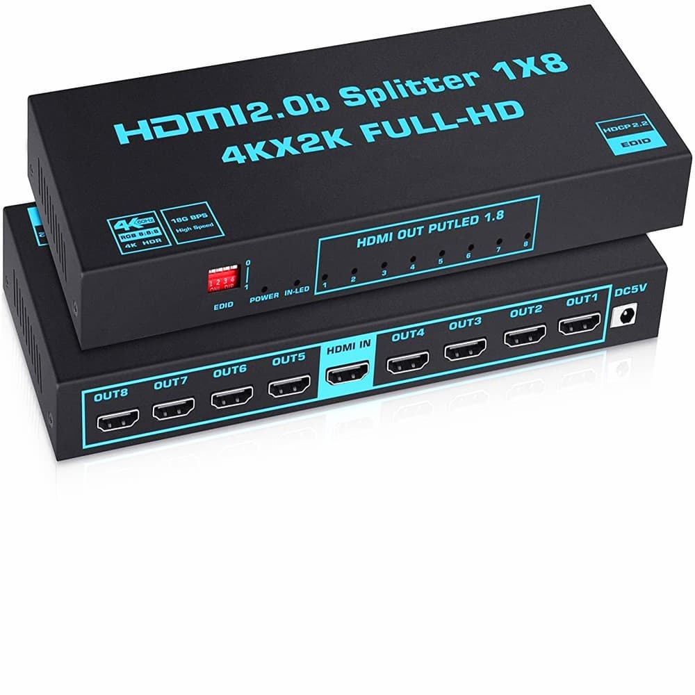 HDMI 2.0 1x8 Splitter, 1 Input 8 Output, 4K 60Hz HDCP 2.3 Scaler with Dolby Atmos