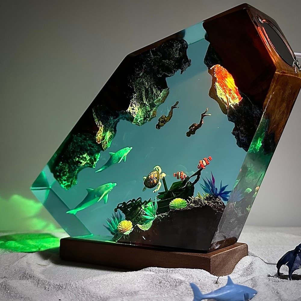 Ocean style dolphin, turtle and whale diver themed resin wood lamp night light ornament dual-purpose Christmas creative gift