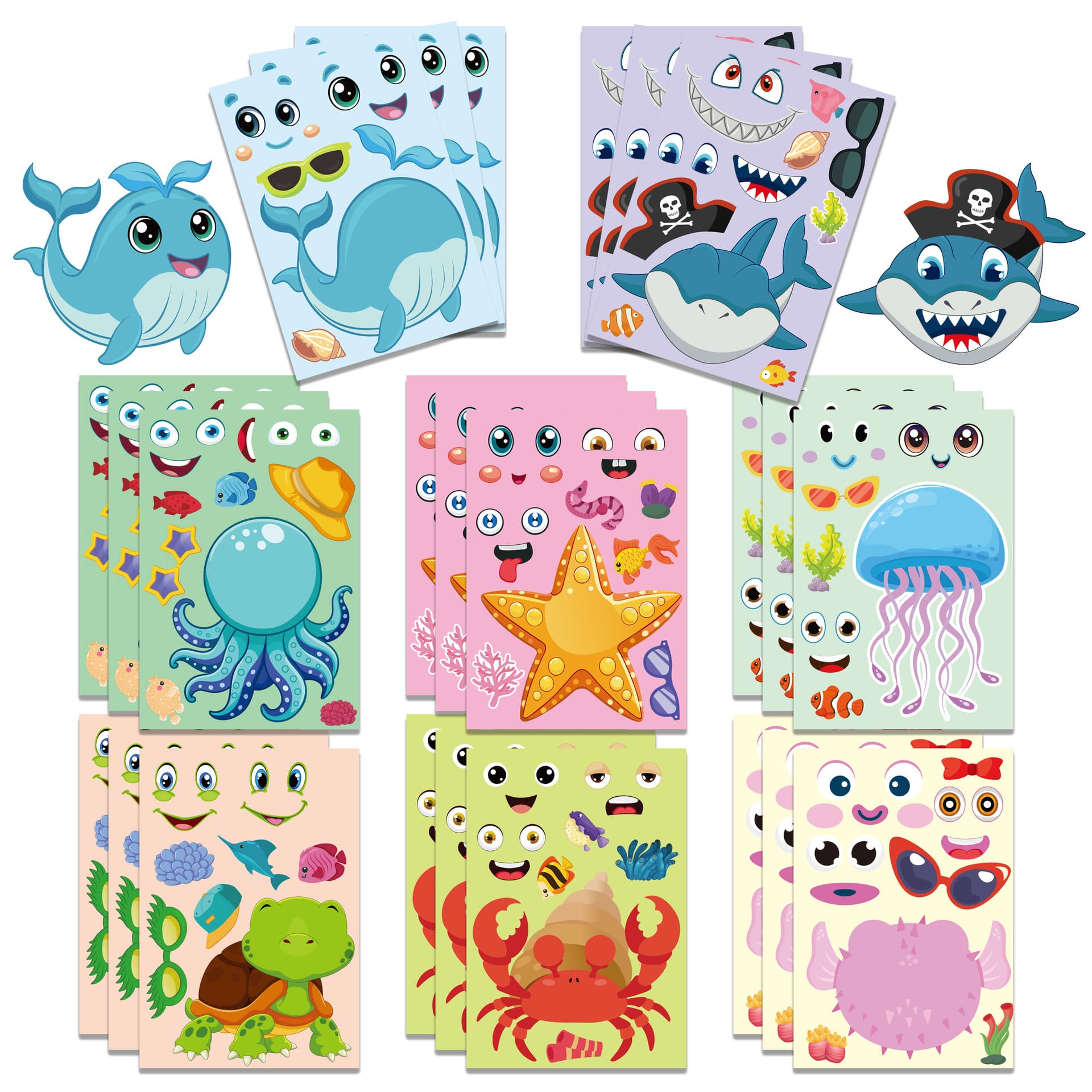 Cross-border marine animal stickers, cartoon animal face stickers, children's DIY creative stickers, customizable