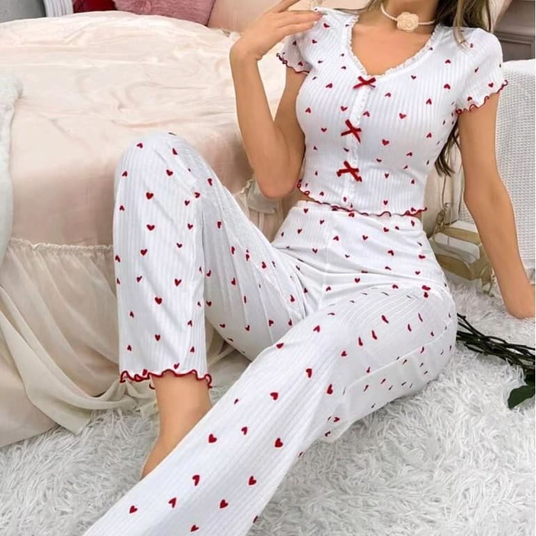 European and American cross-border hot-selling printed home clothes curled love V-neck long-sleeved pajamas for women can be worn outside trousers two-piece set