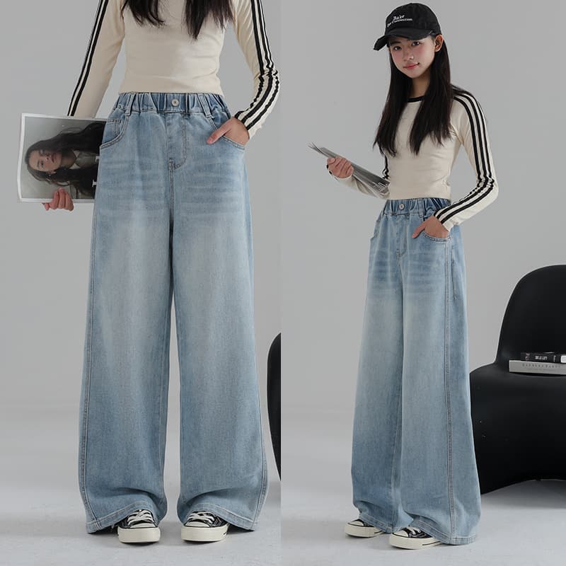 Junior High School Student Jeans for Girls Spring Autumn 2026 New Girls Pants Teenagers Spring Straight Wide Leg Pants Trendy