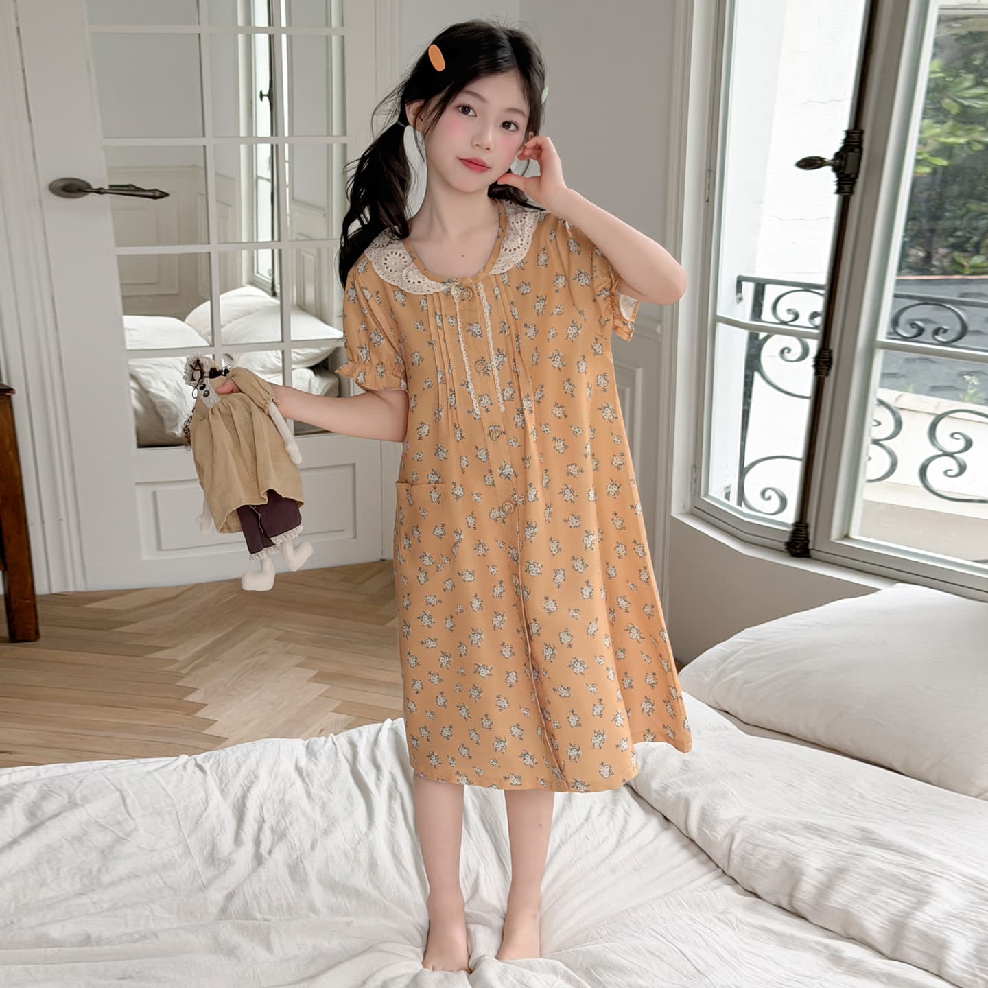 Girls Floral Lace Collar Sleep Dress Children Summer Thin Middle Big Child Breathable Skin-Friendly Short Sleeve Home Sleep Dress
