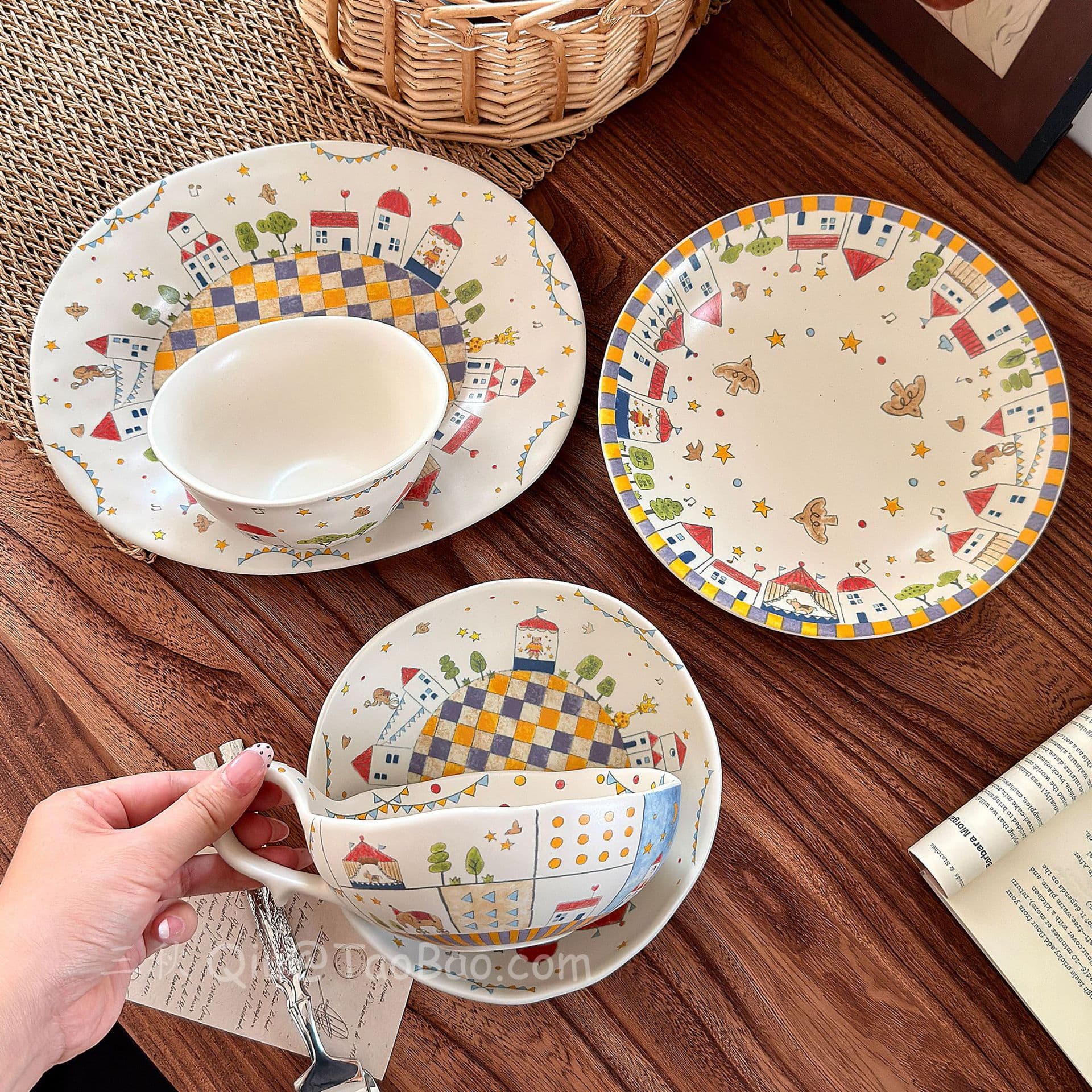 Retro Matte Frosted Ceramic Fairy Tale Ancient Town Tableware Bowl Plate Dish Set Breakfast Plate Rice Bowl Mug Cup Gift