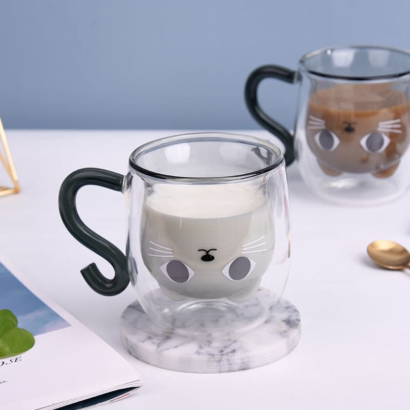 Double-layer heat-resistant milk glass, gift for women, household breakfast cup, high borosilicate glass cat-themed drinking vessel