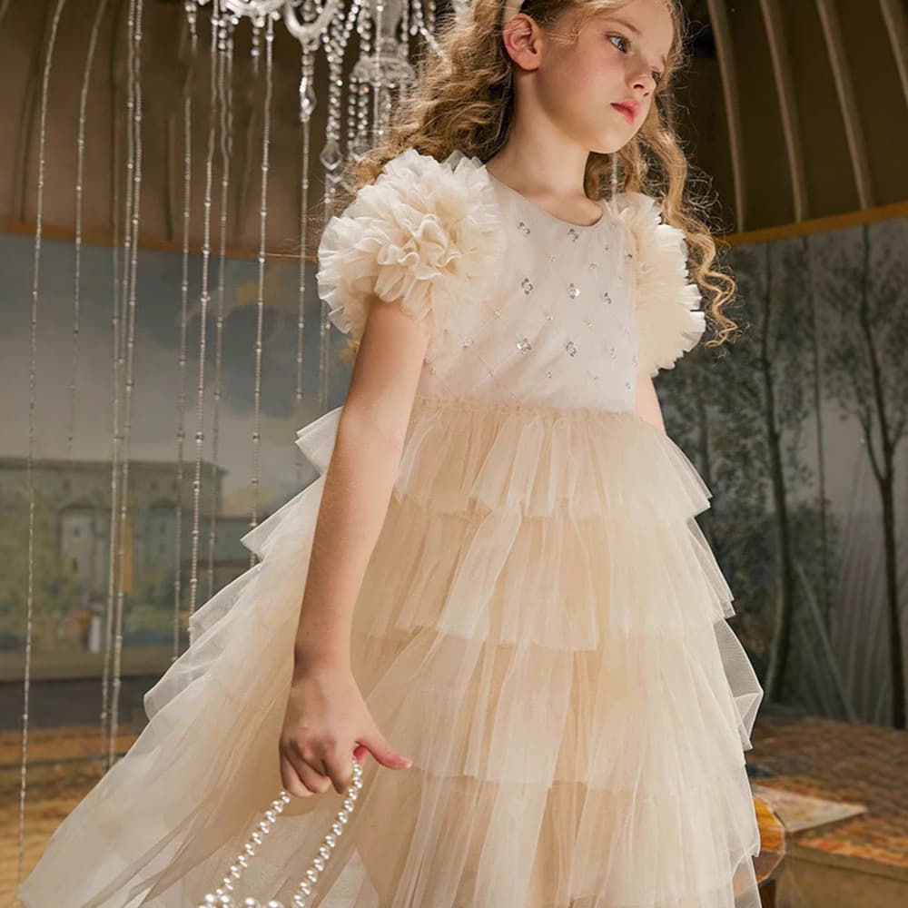 Girls Long Princess Dress Flower Girl Wedding Cake Dress Sweet Little Girl Tulle Dress Cross-border Trade