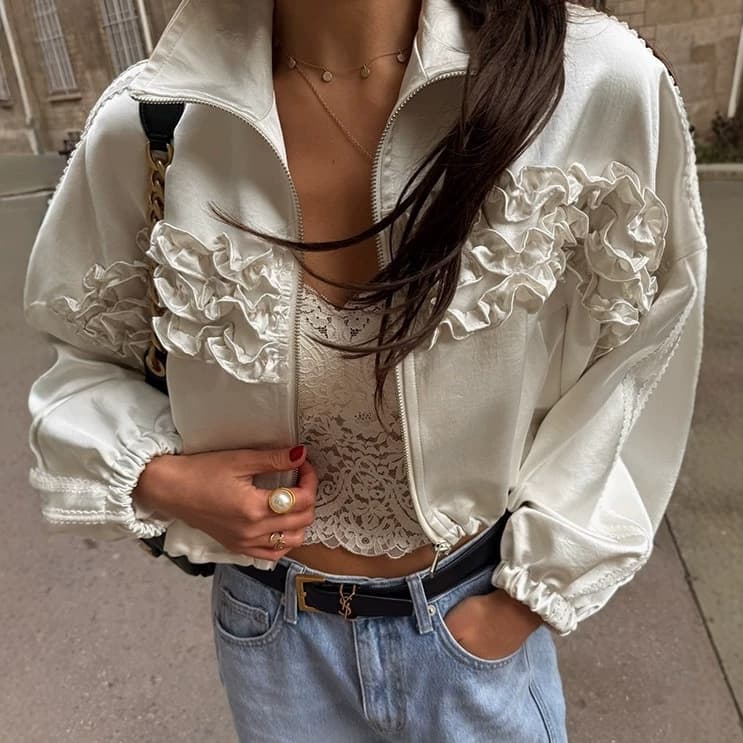 Korean Ins Style Fashionable Ruffled Lace-Up Zipper Drawstring Coat for Women 2026 Autumn New Arrival