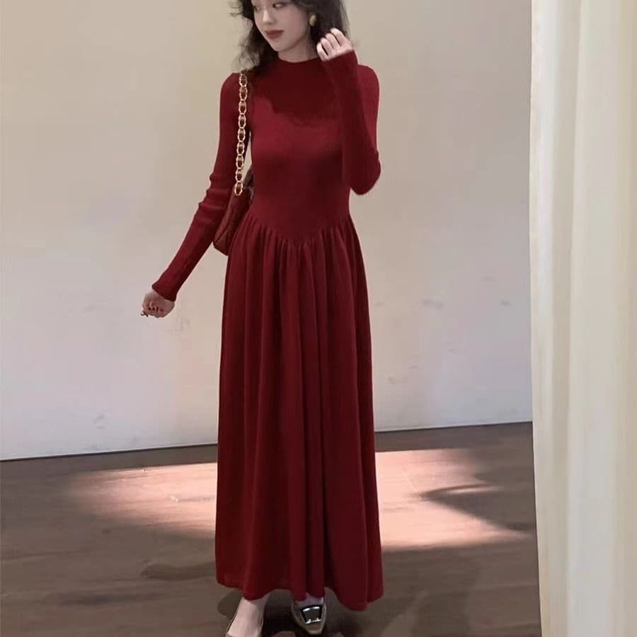 Korean-style Half Turtleneck Knit Dress for Women 2025 Autumn/Winter New Arrival Solid Color Patchwork Fashion Waist-cinching Base Dress