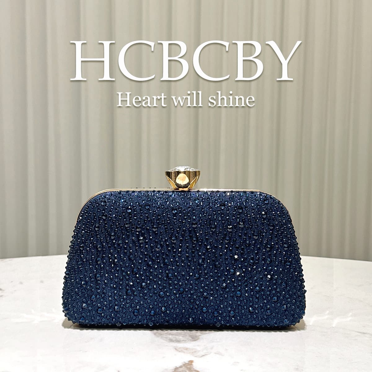 Navy blue sparkling elegant rhinestone small clutch, women’s fashionable and elegant classic box-shaped evening bag