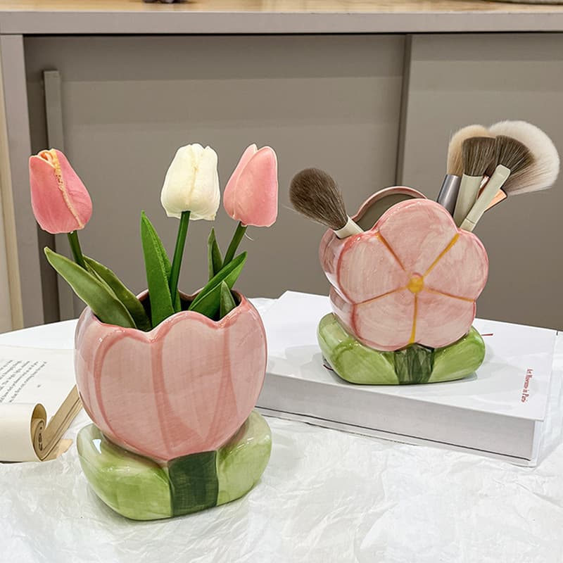 Flower Pen Holder Ceramic Desktop Cute Pen Stand Office Stationery Organizer Kids Student Creative Decoration