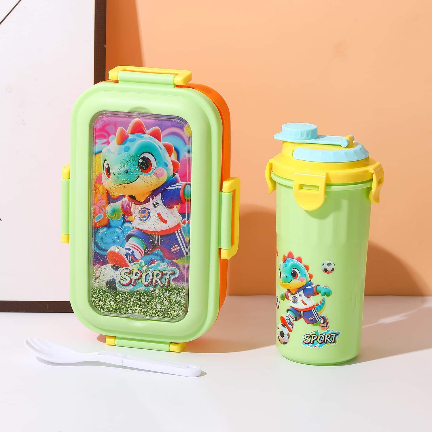 Cross-Border Cartoon Lunch Box, Children's Quicksand Bento Box, Divided Portable Lunch Box for Students and Office Workers with Cup