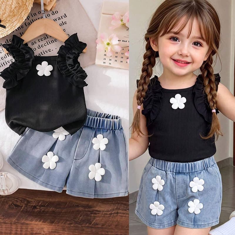 Sweet-Cool Style Summer New Girls' Trendy Outfit Cross-Border Black Flutter Sleeve Vest Floral Denim Shorts