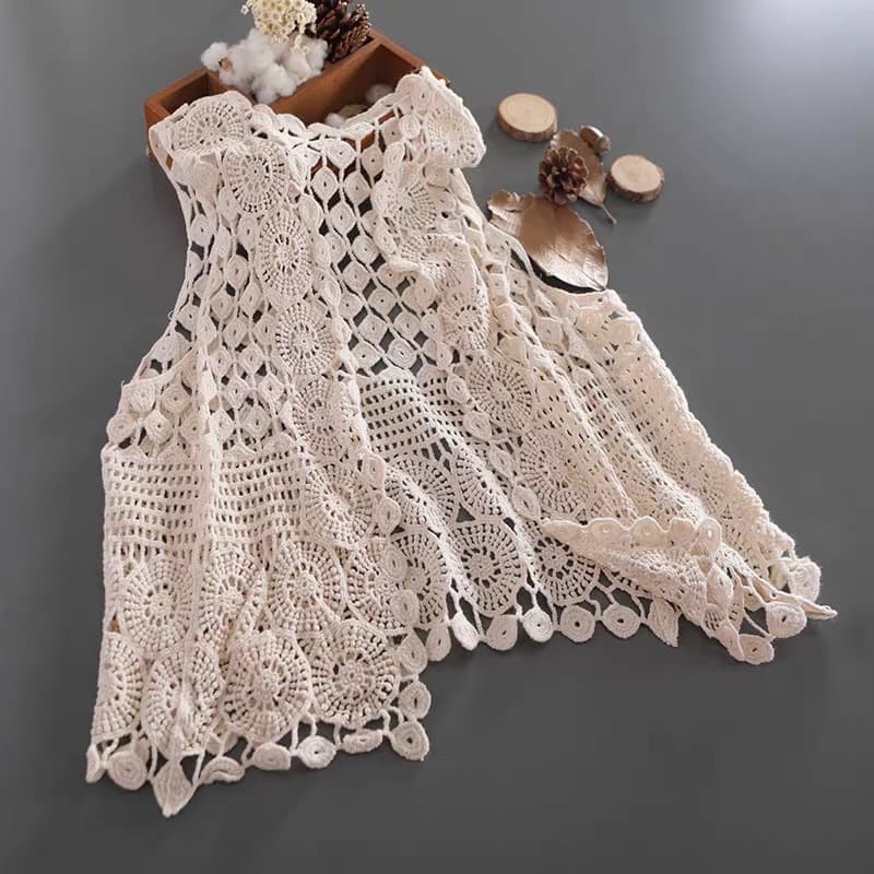 New Style Literary Cotton Cut Out Crochet Knitted Cardigan Pure Color Loose Versatile Vest Ethnic Style Outer Wear for Women
