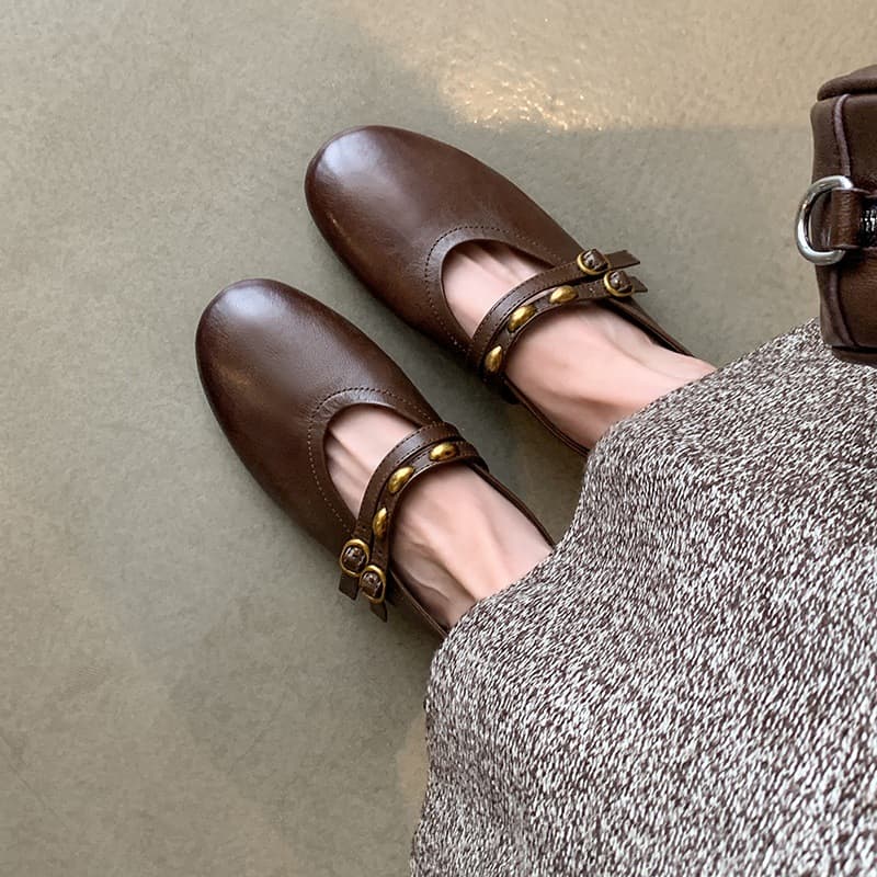 2025 Autumn New Flat Single Shoes Ultra-Soft Evening Shoes Apricot French Double-Buckle Genuine Leather Mary Jane Shoes