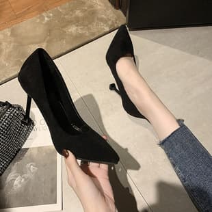 Women's High Heels 2023 Spring/Autumn Pointed Toe Thin Heel Black Professional Work Shoes Mid Heel College Student Etiquette Shoes