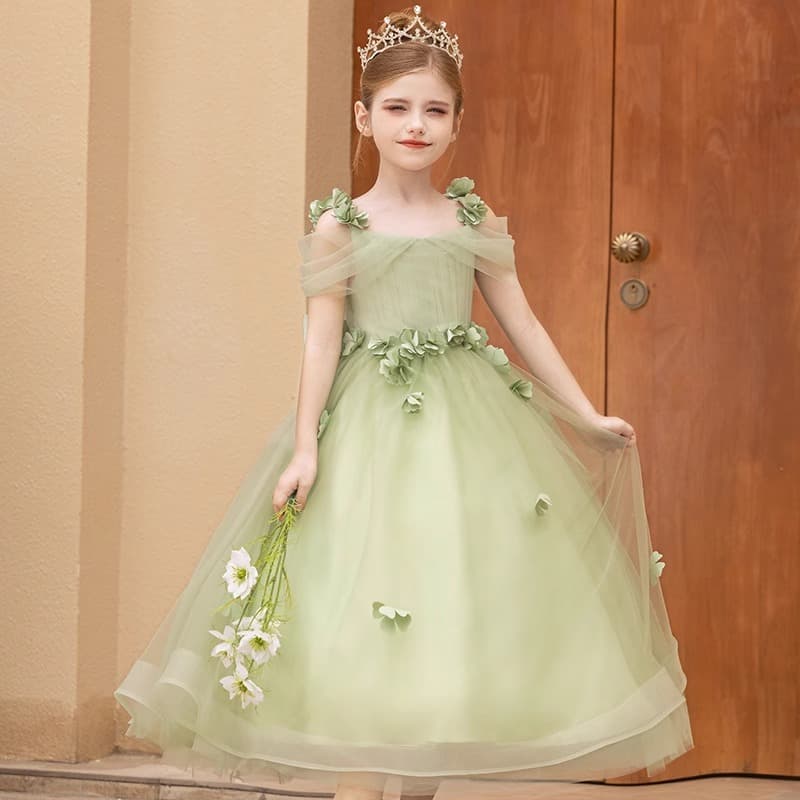 Girl's dress host green forest style children's birthday princess dress light luxury niche flower girl piano performance outfit