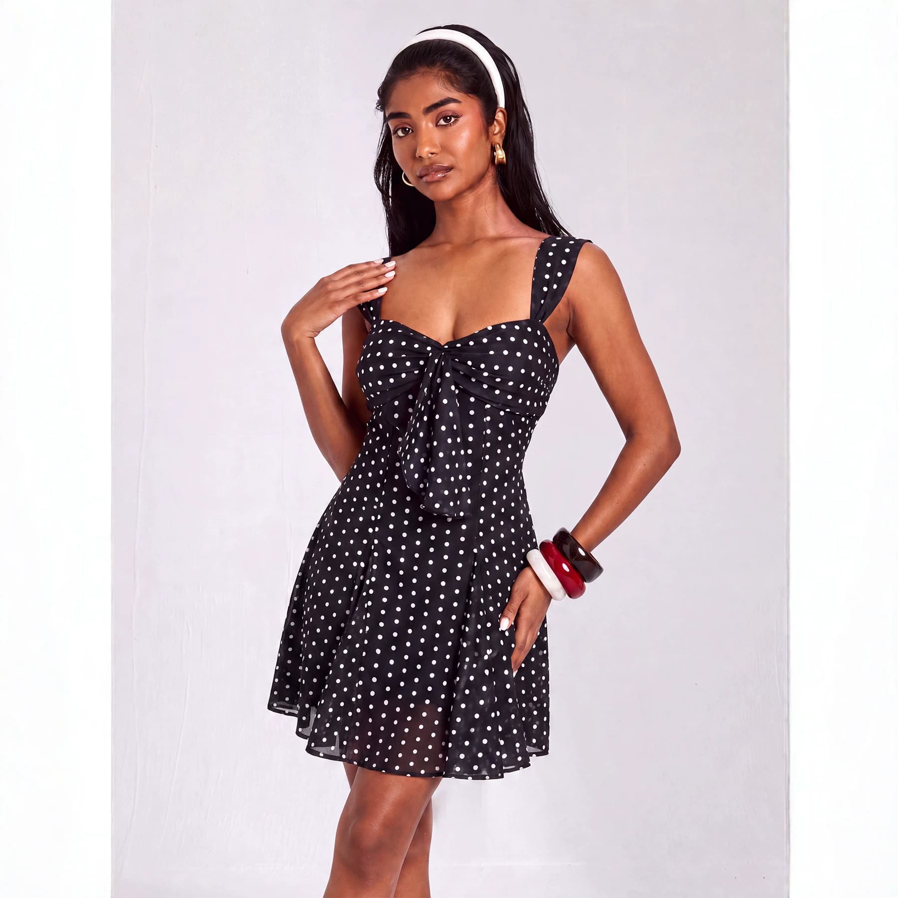 AE344 classic black and white polka dot suspender skirt bow decorated high waist chiffon French retro short dress